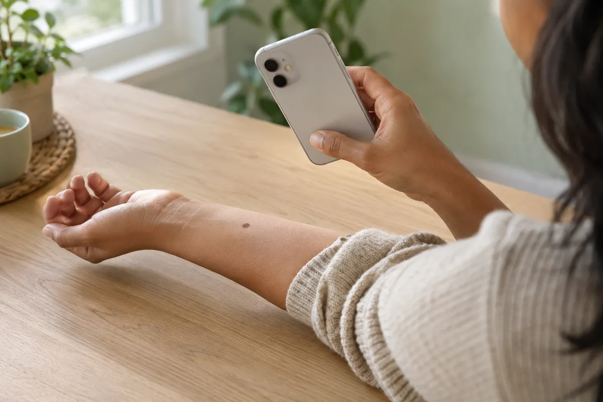 Une personne photographie une zone de peau avec son smartphone.