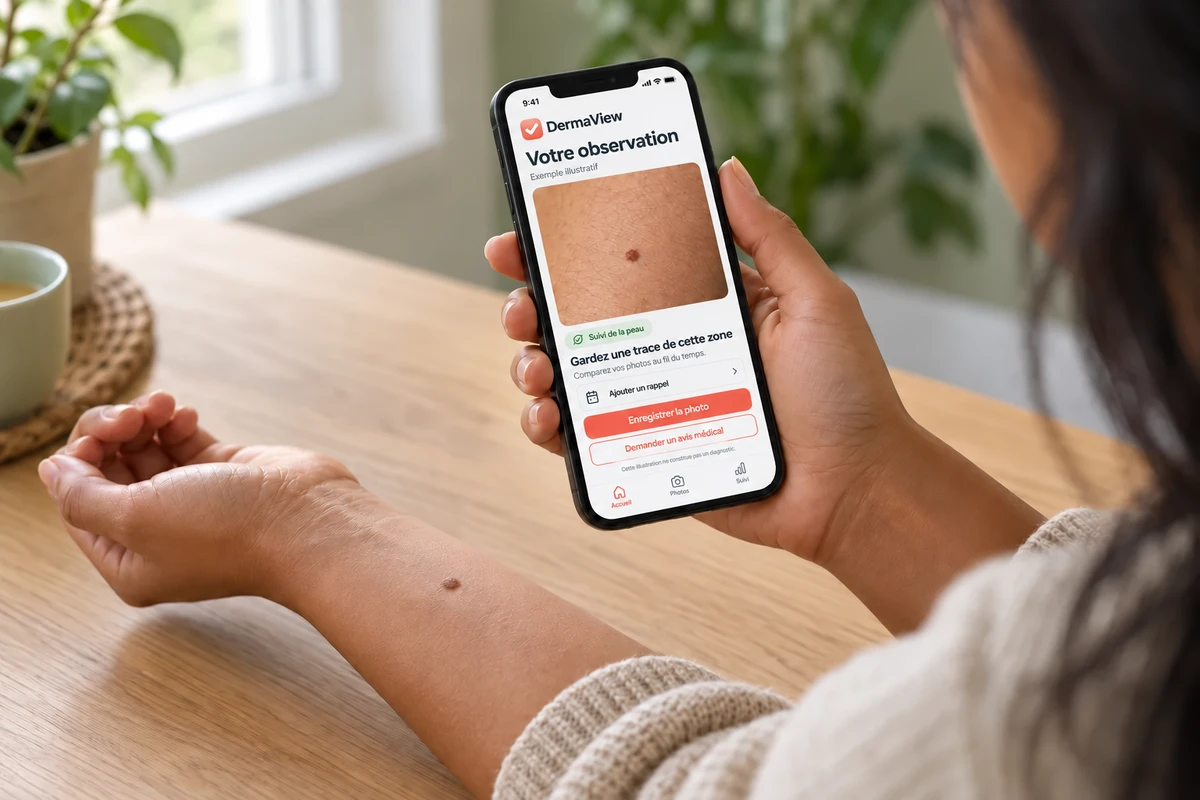 Une personne consulte une observation illustrative dans l’application dermaview.