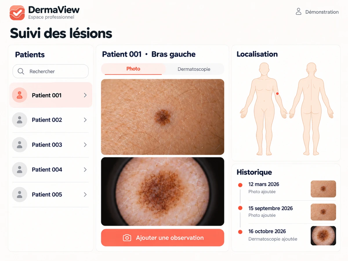 Aperçu illustratif du tableau de bord dermaview Pro sur une tablette